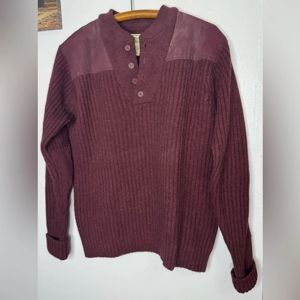 LL Bean Commando Sweater Henley Men’s Large Merino Lambswool Patches